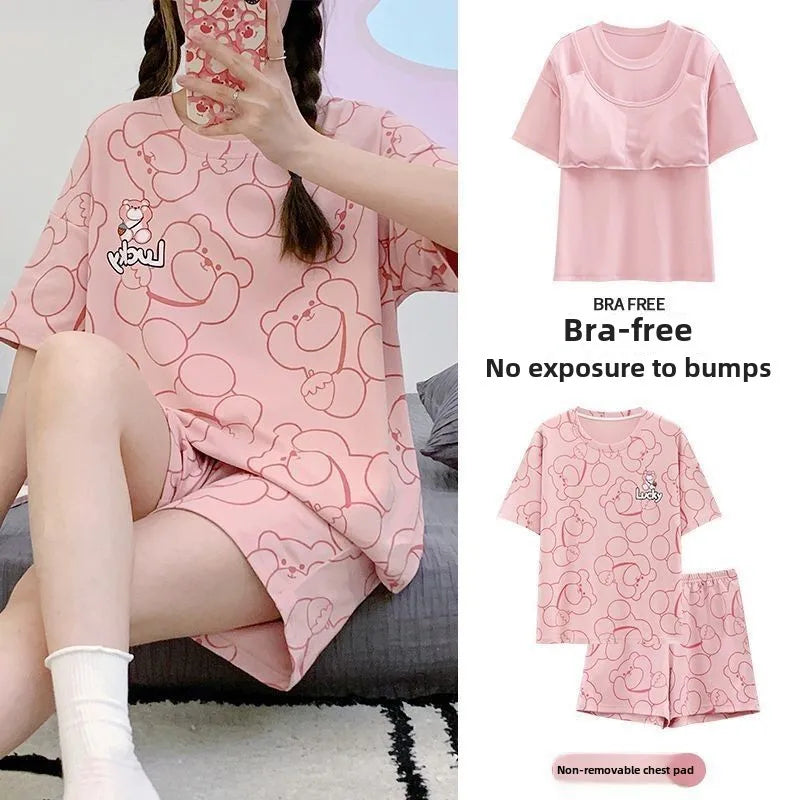 Pijama Set Women Short Sleeve Pullover Sweet with Chest Pads Cartoon Student Casual Home Plus Size Ladies Romantic Sleepwear D11