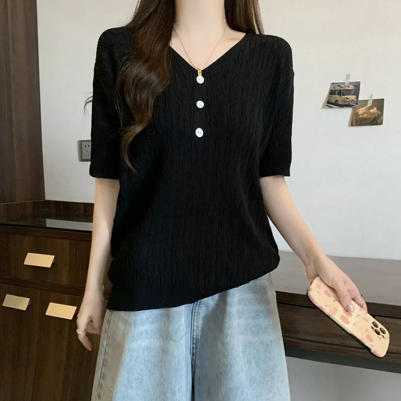 Plus Size Women's Summer New Style Slim Fit Knitted Top Belly Covering T-Shirt for Plump Sister V-Neck Big Code Sweater