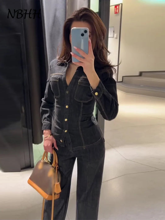 Street Vintage Denim Pants Sets Women Slim Long Sleeve Lapel Single Breasted Jacket Straight Trousers 2025 Autumn Lady Outfits