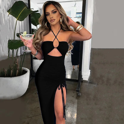 Sleeveless Sexy Female Midi Backless Dresses Slim Night Club Party Women's Dress Bodycon Vestidos Elegantes Para Mujer black