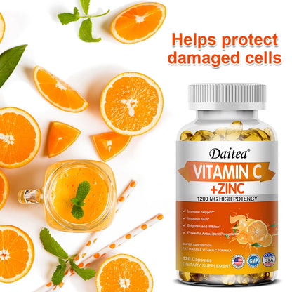 Vitamin C + Zinc Capsules - Immune System Booster Antioxidant Helps Improve Skin Brightening Supports Cellular Energy Production