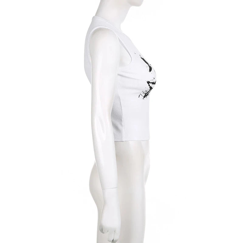 Guitar Print Sleeveless Tank Top Y2K Casual Ribbed Women Grunge Crop Top Harajuku Fashion Vest Tee 90s Street Outfits