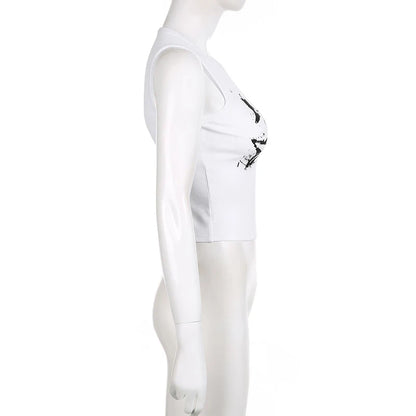 Guitar Print Sleeveless Tank Top Y2K Casual Ribbed Women Grunge Crop Top Harajuku Fashion Vest Tee 90s Street Outfits