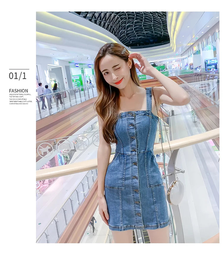 Denim Dress Summer Spaghetti Strap Sundress Vintage Casual Solid Retro Chic Sexy Jeans Button Front Blue Party Dress Women 2022