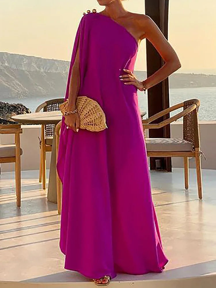 Patchwork Inclined shoulder Fashion Party Dress, Women Summer Beach Elegant Maxi Dress, 2024 Casual Diagonal Collar Ladies Dress
