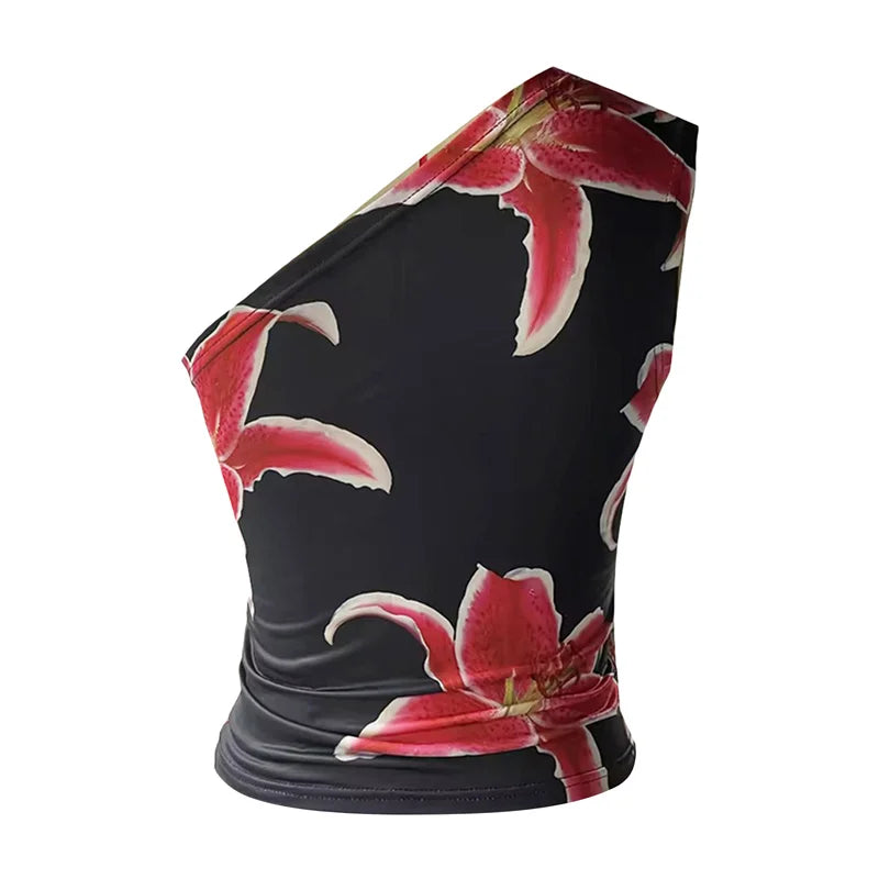 Xingqing One Shoulder Tank Top for Women Floral Print Sleeveless Backless Vest Cropped T Shirt y2k Aesthetic Clothing Streetwear