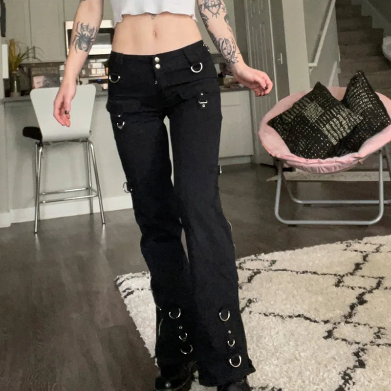 Women Low Waist Jeans Denim Straight Flare Pants Vintage Pockets Zipper Denims 2024 Autumn Streetwear Ankle Length Trousers