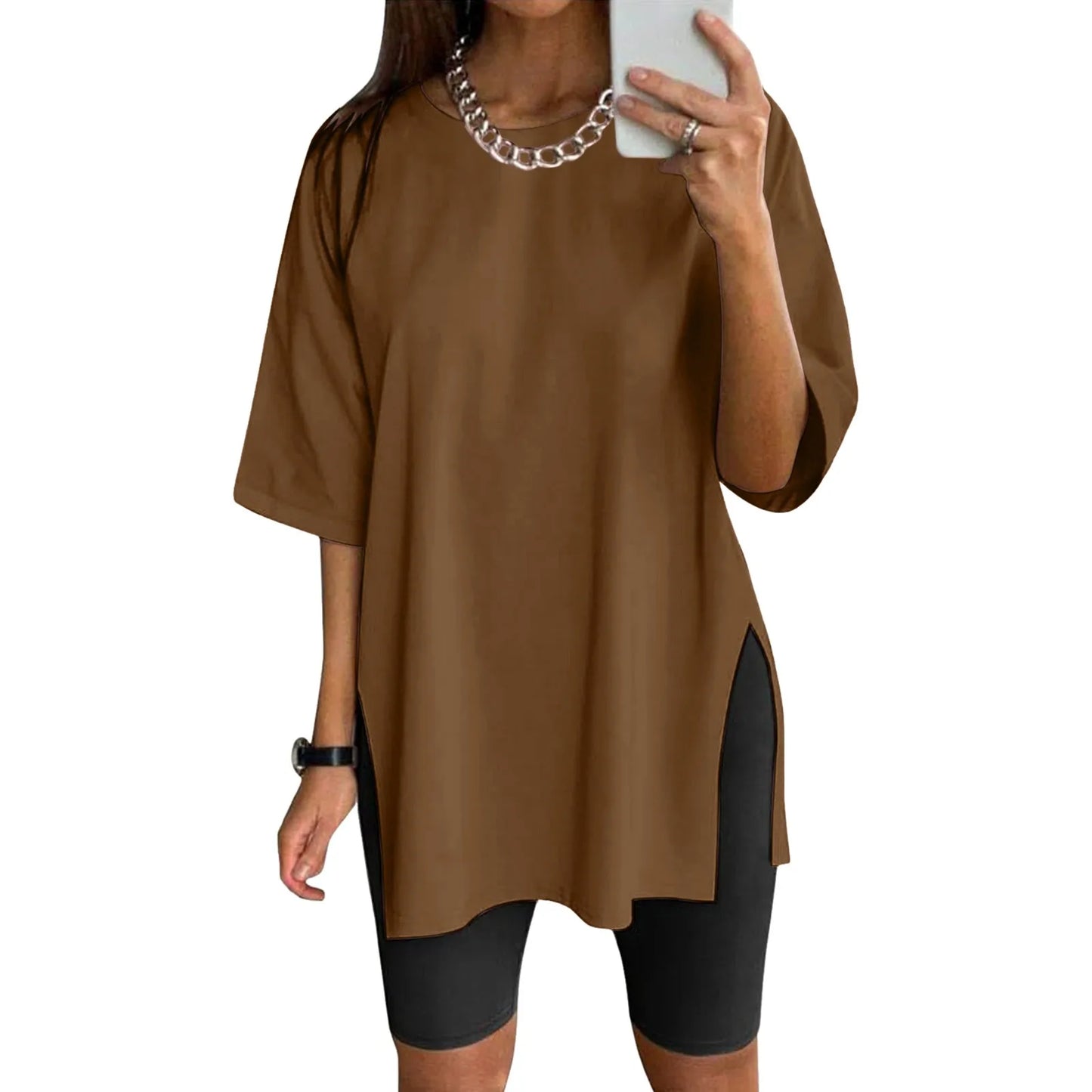 Extra Long Tops Women Oversize Sports Short Sleeve Blouses Summer Loose Tops Crew Neck Solid Large Size Side Split Pullover Brown