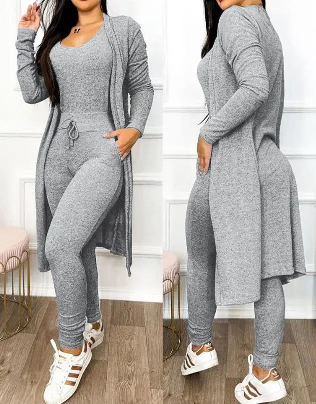 Two Piece Set Women Outfit 2023 Spring Fashion Drawstring Pocket Design U-Neck Sleeveless Skinny Jumpsuit & Long Sleeve Coat Set F