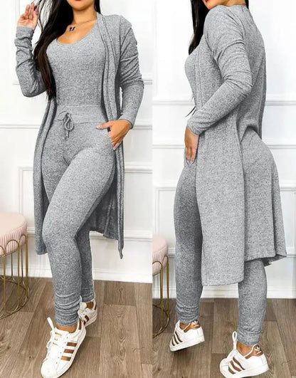 Two Piece Set Women Outfit 2023 Spring Fashion Drawstring Pocket Design U-Neck Sleeveless Skinny Jumpsuit & Long Sleeve Coat Set F