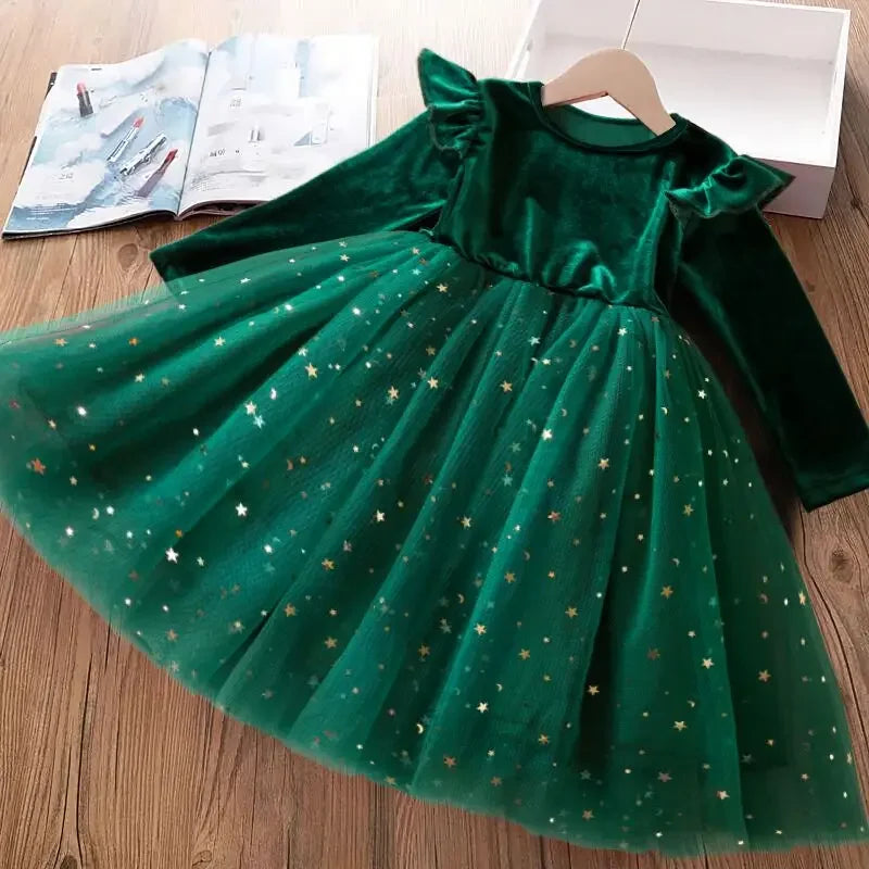 2025 Red Christmas Dress for Baby Girls Winter Long Sleeve Mesh Dresses for 3-8Yrs Kid Star Sequin Birthday Party Princess Dress Green