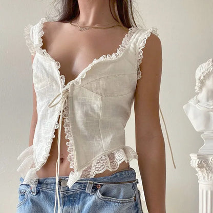 Fashion Summer Casual Lace Trim Tie Up Camisole Women Solid Color V Neck Sleeveless Tank Top Sexy Low Cut White Crop Top WHITE
