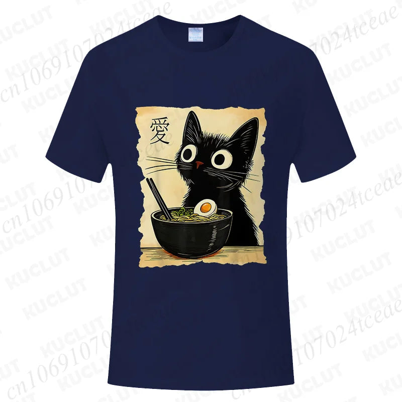 Funny Cat Ramen Graphic Tee Japanese Kawaii Anime Cat T-Shirt Fashion T-shirts Short Sleeve Clothes Trend Casual Unisex Tshirts X250102-1-2