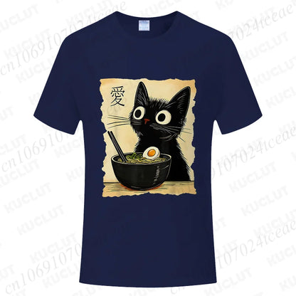Funny Cat Ramen Graphic Tee Japanese Kawaii Anime Cat T-Shirt Fashion T-shirts Short Sleeve Clothes Trend Casual Unisex Tshirts X250102-1-2