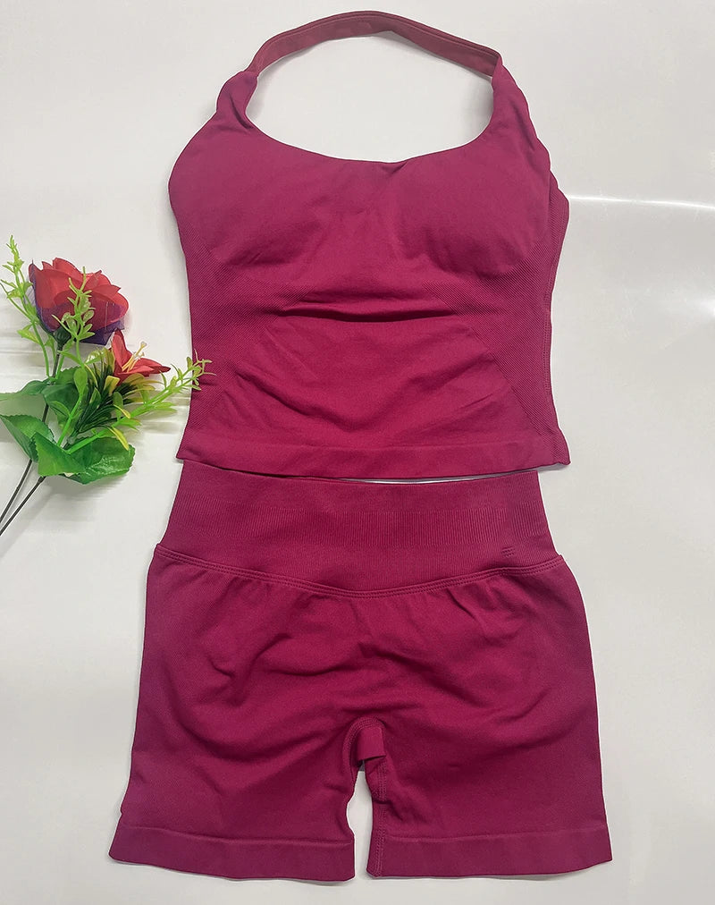 two piece DF yoga clothing set outfits woman yoga Impact Halter Top and spors shorts 4.5 inch Gym workout sets pilates clothes Badiee Stylez