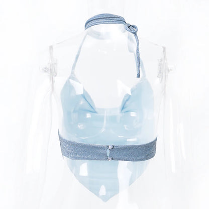 Xeemilo Y2K Shinny Backless Tank Top Sexy Deep V-neck Bandage Halter Crop Tops Aesthetic Irregular Shape Skinny Slim Women Camis