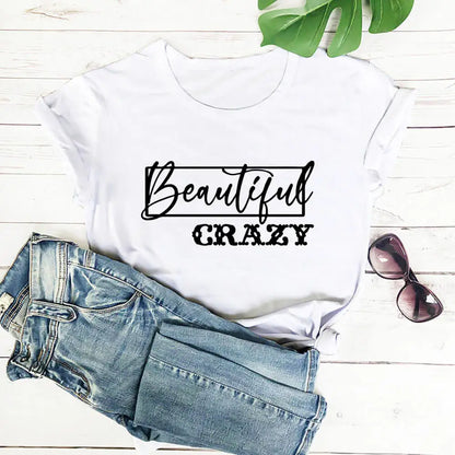 Beautiful Crazy Print Women Tshirt Women's Funny Summer Casual Short Sleeve Top Girls Weekend Shirt Holiday Tee FQ263P White