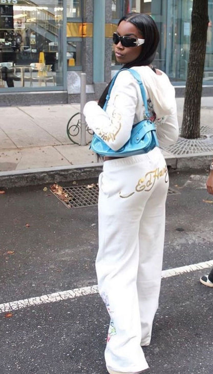 Bangniweigou Skull Love Print Zipper Short Cardigan + High Waist Straight Leg Pants Two Piece Set Women Tracksuit Autumn Winter