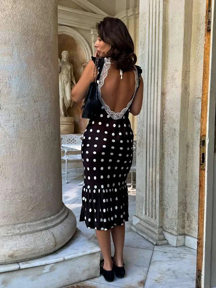 Polka Dot Ruched Dress Elegant Birthday Party Skinny Bodycon Sexy Backless Dress Women Flying Sleeve Lace Trim Applique