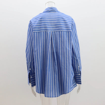 Striped Two Pieces Shorts Set Summer Long Sleeve Turn Down Collar Button Cotton Long Shirts Tops Women Clothing Casual Outfits