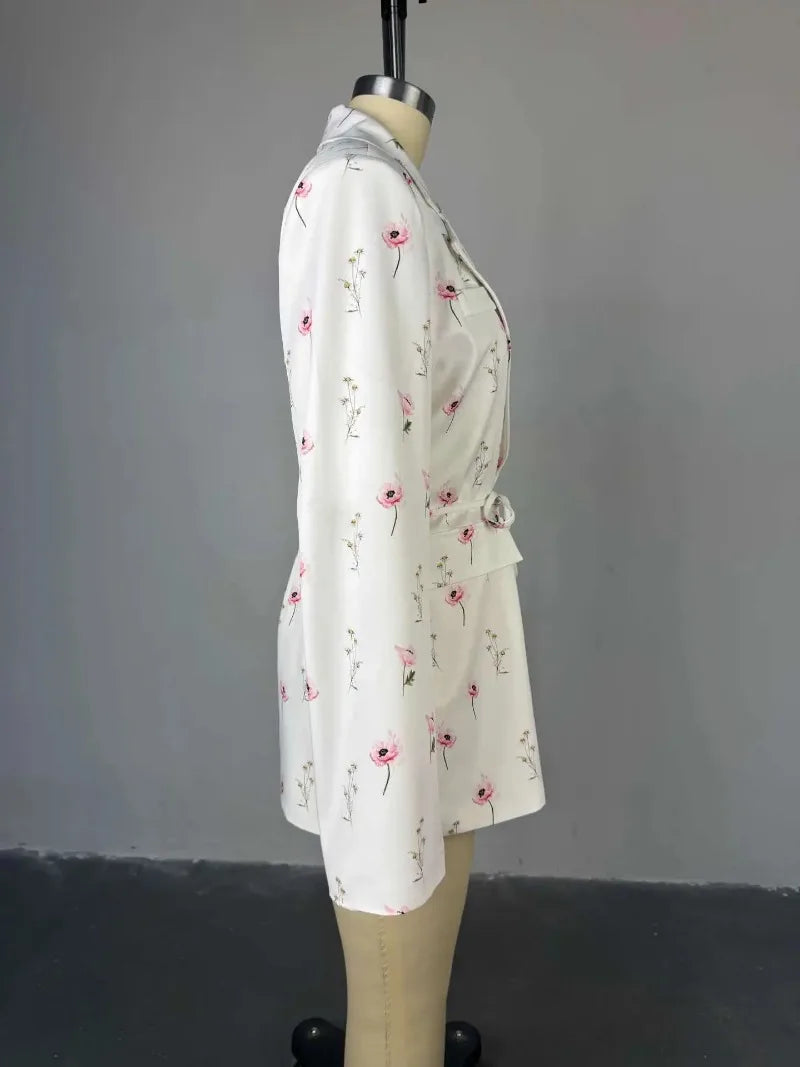 Women's Flower Printed Loose Suit 2025 Spring/Summer New Fashion Collar Belted Waist - Cinching Suit Jacket