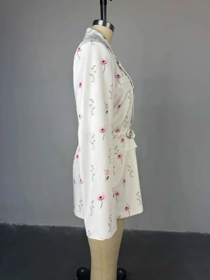 Women's Flower Printed Loose Suit 2025 Spring/Summer New Fashion Collar Belted Waist - Cinching Suit Jacket