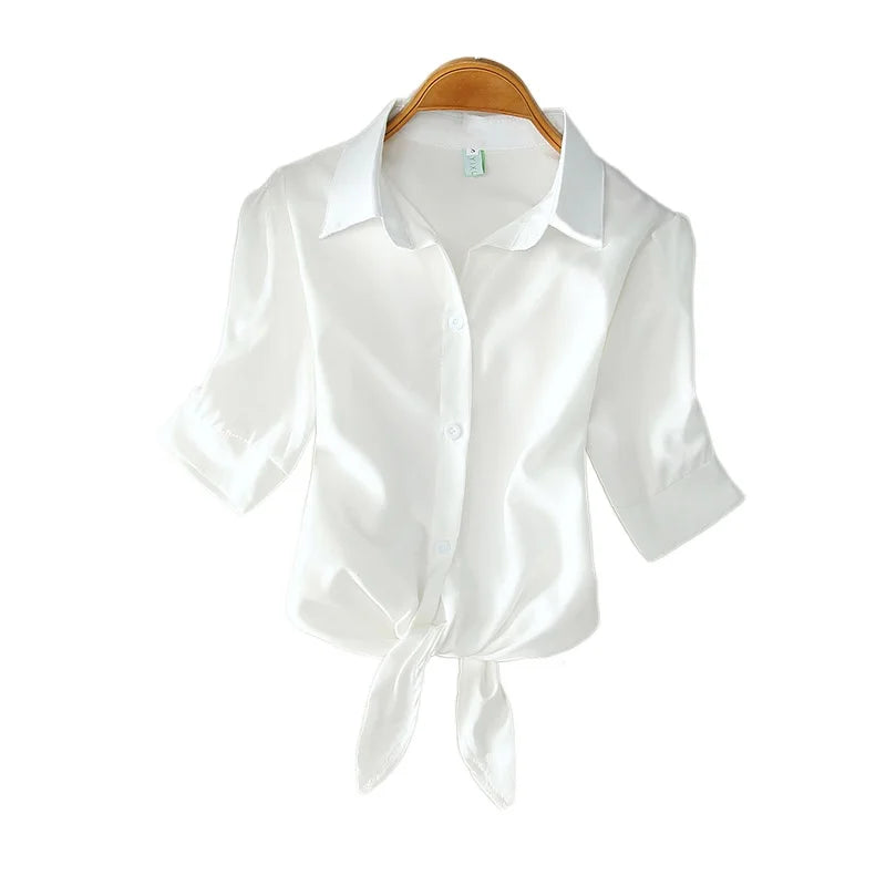 2023 Fashion Solid Color White Women Shirt Casual Blouses Autumn Half Sleeve Elegant Office Lady Tops 19870