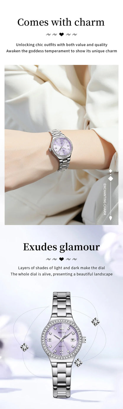 OLEVS 5628 Women Watch Luxury Elegant Quartz Watch Stainless Steel Waterproof Luminous Diamond Bezel Ladies Watch Bracelet Set