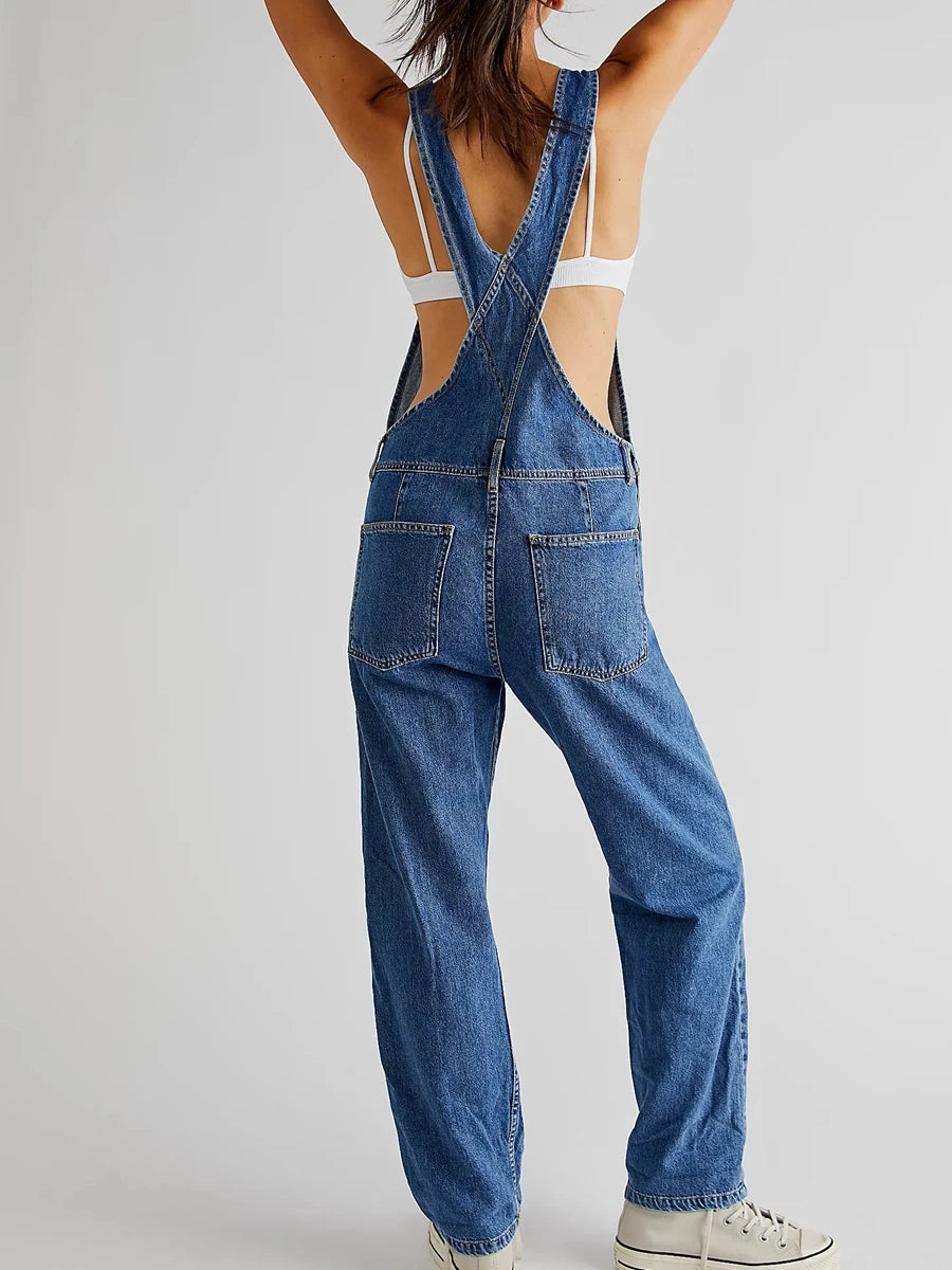 Casual Women Summer Vintage Retro Denim Long Jumpsuit Spaghetti Strap Straight Romper Pants Baggy Bib Overalls Jumpsuits