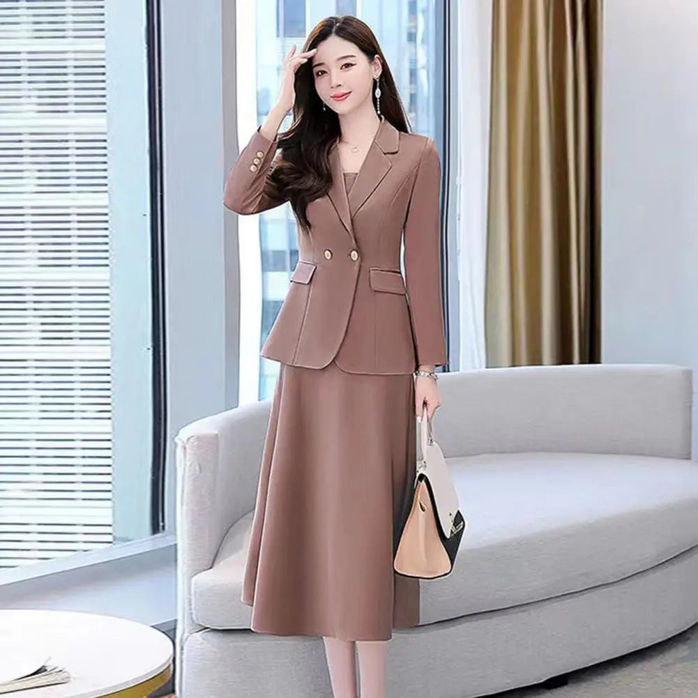 2Pcs/Set Summer Women Suit Dress Outfit Solid Color Mid-length Lady Dress Sets Light Luxury Commute Sling Dress Coat Set