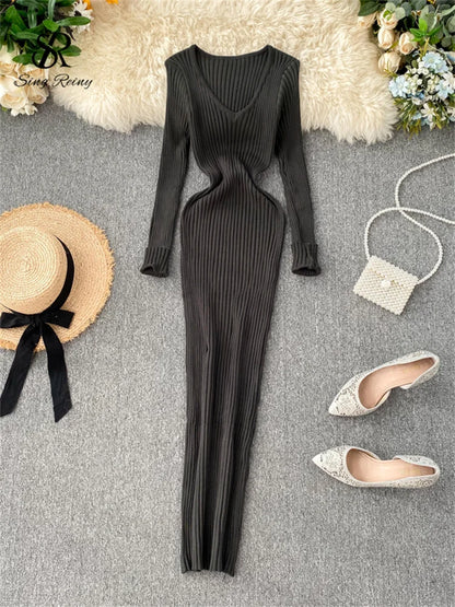 SINGRAIN Women Autumn Knitted Dress V Neck Sexy Slim Elastic Oversized Basic Bodycon Long Dress Winter knit Warm Sweater Dresses Army green One Size