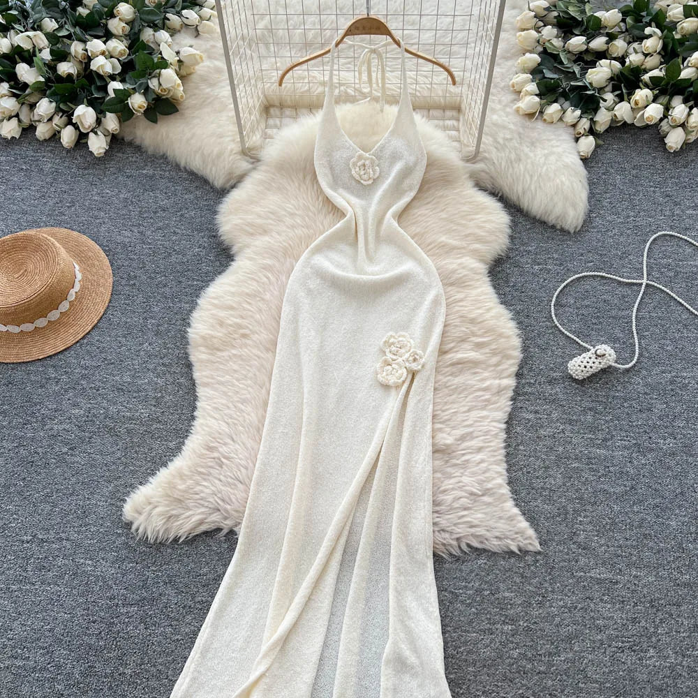 SINGREINY Halter 3D Floral Maxi Sundress Women Sleeveless Bodycon Elastic Beach Dress Vacation Knitted Split Sexy Long Dress