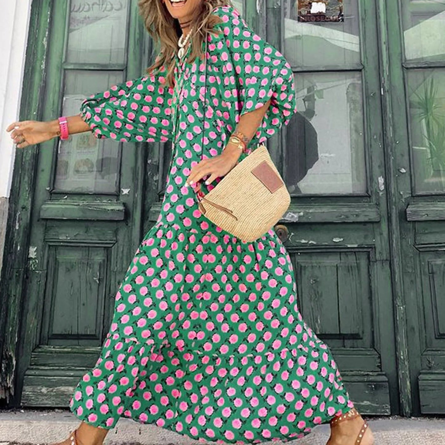 Puff Sleeve Boho Maxi Dress Elegant Women Summer 2022 Casual Floral Drawstring V-Neck Loose Holiday Beach Dresses Party Vestidos Badiee Stylez