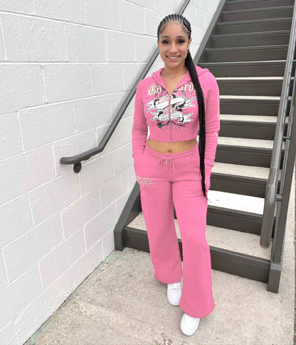 Bangniweigou Skull Love Print Zipper Short Cardigan + High Waist Straight Leg Pants Two Piece Set Women Tracksuit Autumn Winter