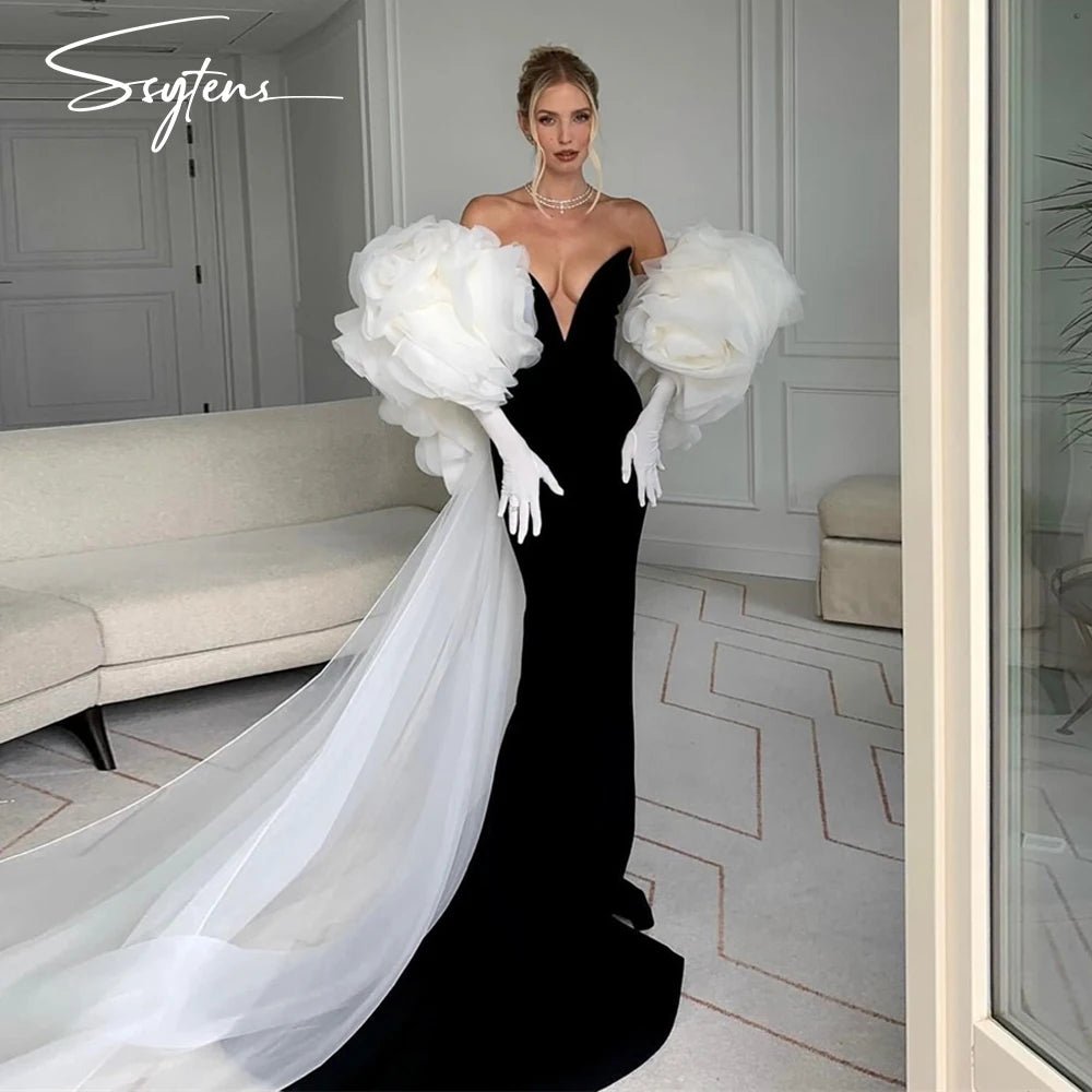 Black Evening Dresses for Women Customized Luxury White 3D Flower Jacket Formal Occasion Dress Floor Israel Long Prom Gowns Badiee Stylez