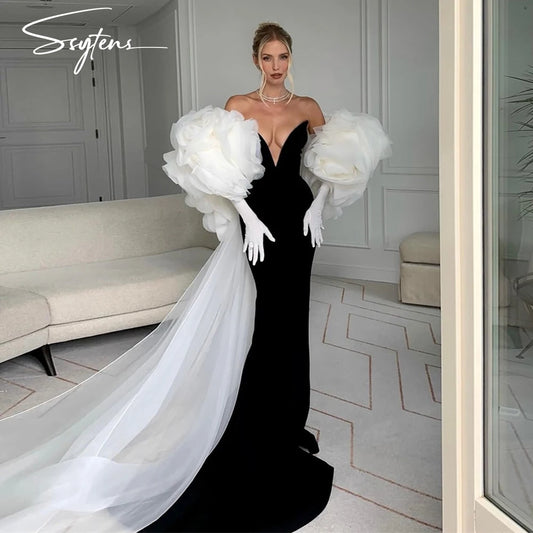 Black Evening Dresses for Women Customized Luxury White 3D Flower Jacket Formal Occasion Dress Floor Israel Long Prom Gowns Badiee Stylez