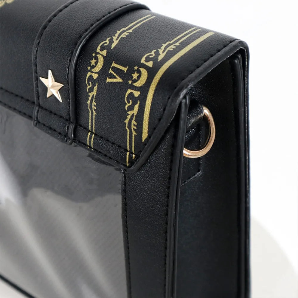 Kawaii Star Moon Badge Display Shoulder Bag Magic Book Design Transparent Window Women Messenger Bag PU Girls Ita-bag Lolita