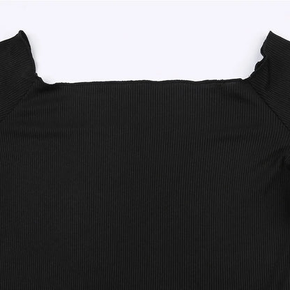 Black Solid Slash Neck Elegant Long Sleeve Tops Korean Fashion Slim Sexy Cropped T Shirt Women Fall Clothing