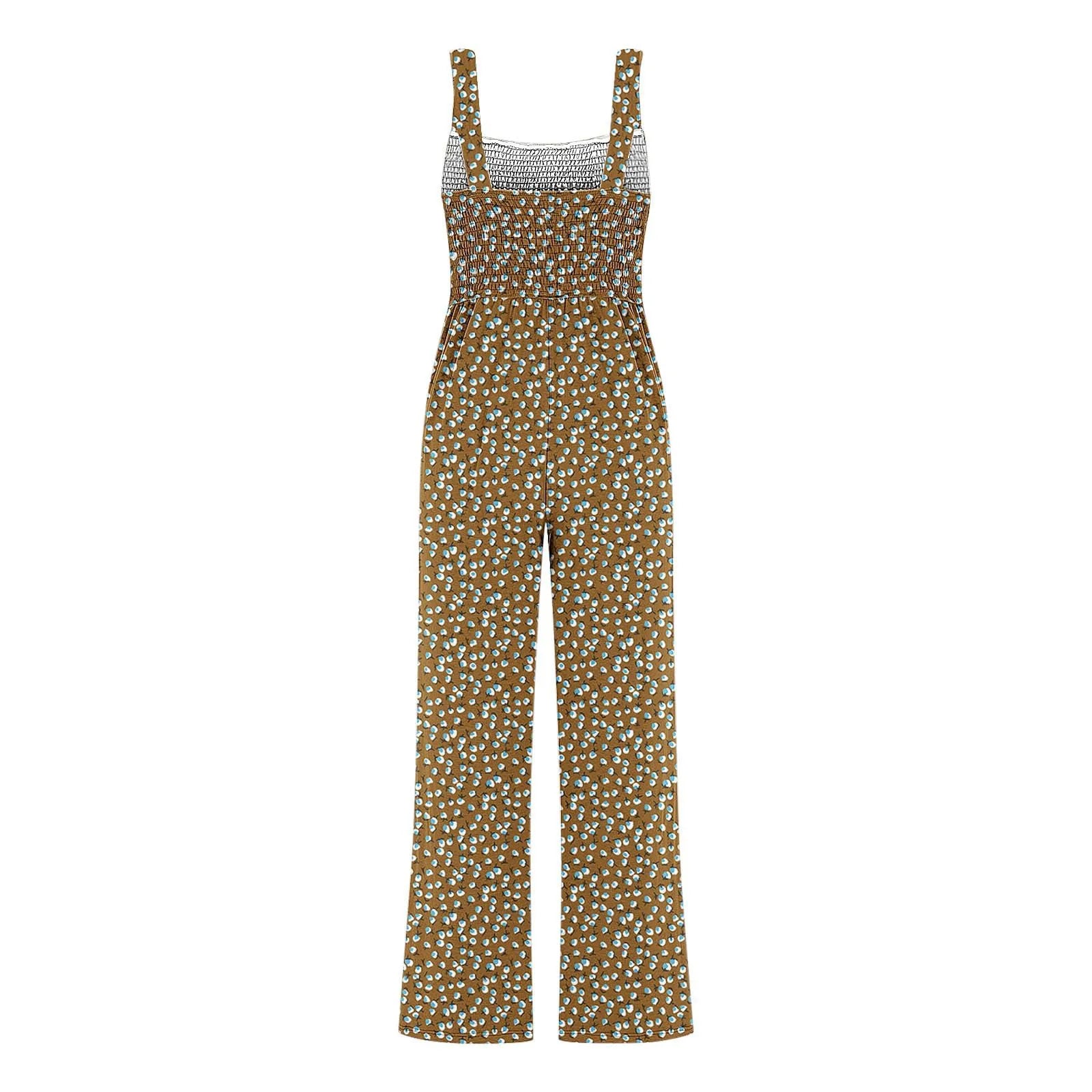 Women'S Suspender Jumpsuits Fashion Trend Pleated Shoulder Straps Printed Pocket Loose Wide Leg Jumpsuits Daily Casual All-Match