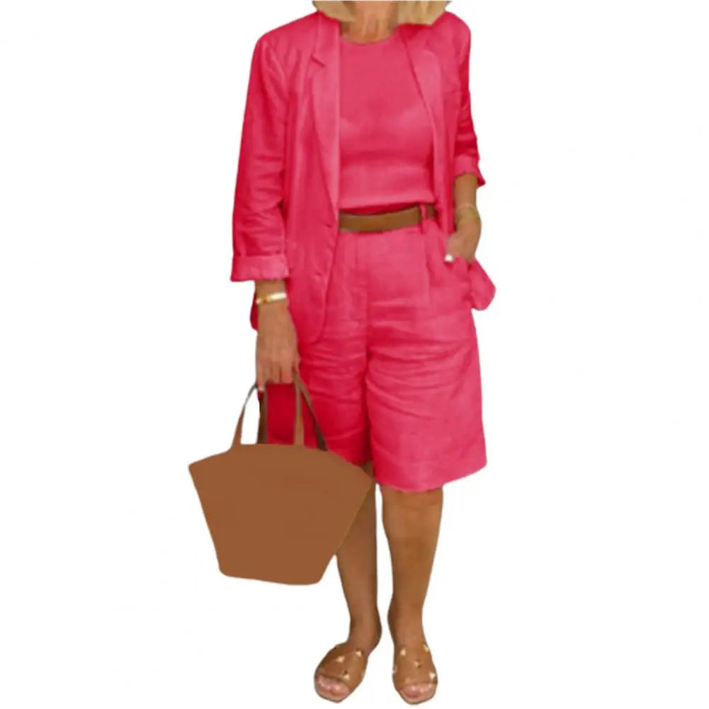 Cotton Linen Temperament Shorts Women s Suit 2 Piece Set Elastic Waist Thin Female Shorts Summer Outfit Red