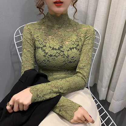 Autumn Women Thin Black Lace T shirt Sexy Turtleneck Long Sleeve Slim Lace Crochet Patchwork Tee Tops WDC6074 green