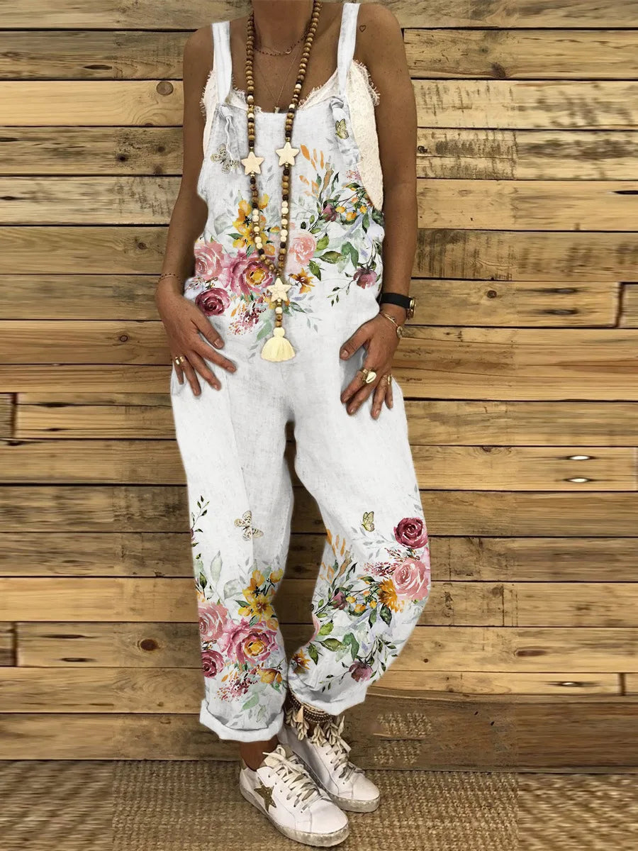Women Overalls Summer Jumpsuits Thin Vintage Sweet Print Suspenders Loose Female Casual Large Size New Straight-leg Pants
