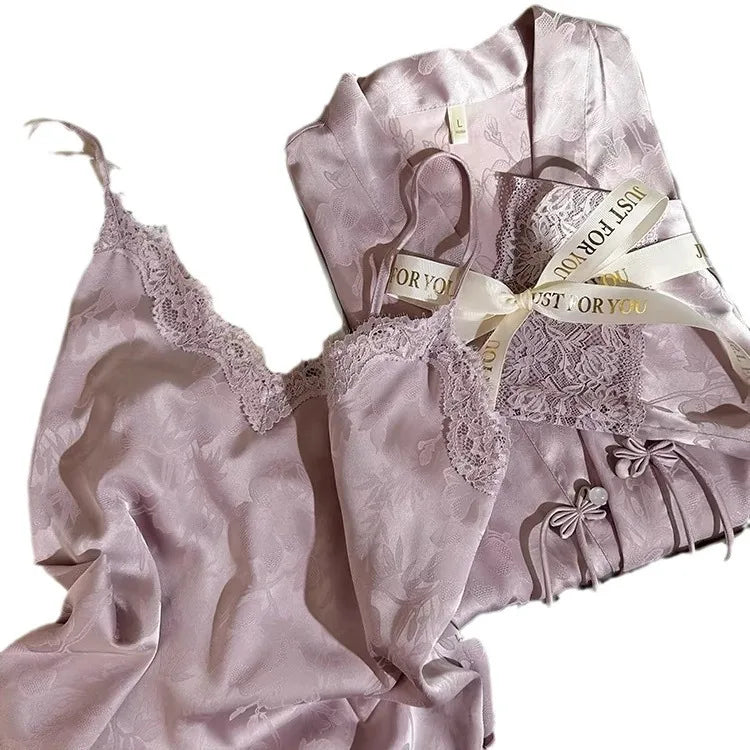 New Chinese Style 2PCS Robe Nightgown Set Sleepwear Sexy Lace Suspender Nightdress Loungewear Jacquard Satin Bathrobe Homewear Badiee Stylez