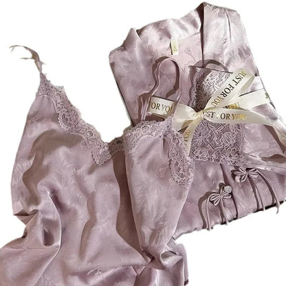 New Chinese Style 2PCS Robe Nightgown Set Sleepwear Sexy Lace Suspender Nightdress Loungewear Jacquard Satin Bathrobe Homewear Badiee Stylez