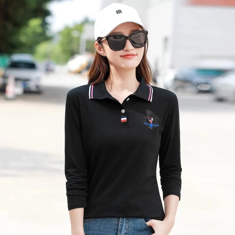 European Station Polo Neck Long sleeved T-shirt Women's Summer New High end Luxury Pure Cotton Loose Fashion Casual Large Top black