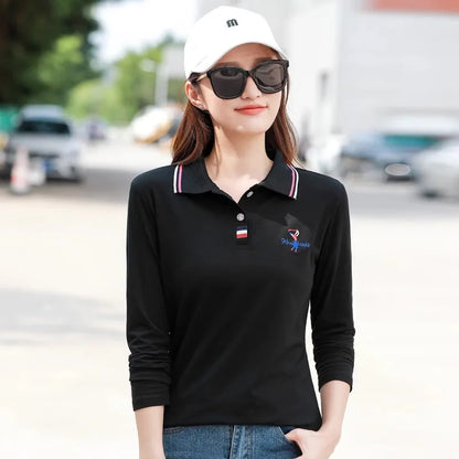 European Station Polo Neck Long sleeved T-shirt Women's Summer New High end Luxury Pure Cotton Loose Fashion Casual Large Top black