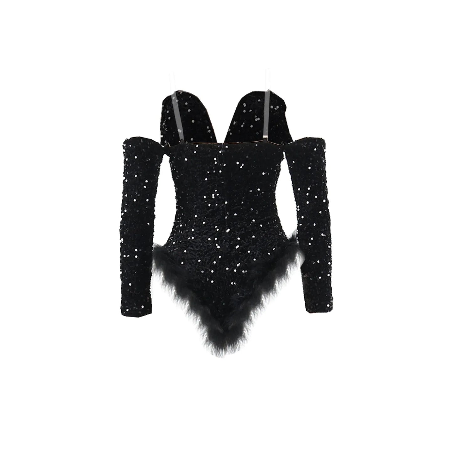 Women's Elegant Sequined Feather Slim Patchwork Bodysuits Spring Summer New Sexy Bodysuits Women Long Sleeve Backless Bodysuits