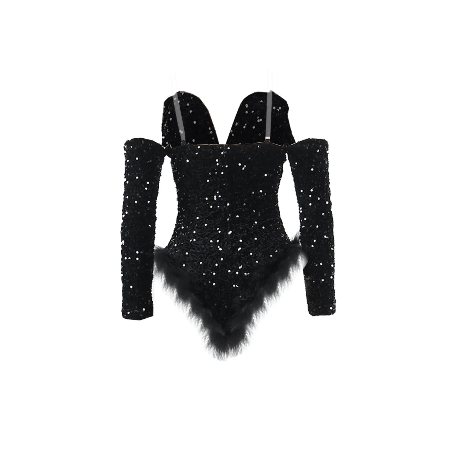 Women's Elegant Sequined Feather Slim Patchwork Bodysuits Spring Summer New Sexy Bodysuits Women Long Sleeve Backless Bodysuits