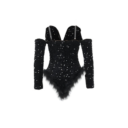 Women's Elegant Sequined Feather Slim Patchwork Bodysuits Spring Summer New Sexy Bodysuits Women Long Sleeve Backless Bodysuits