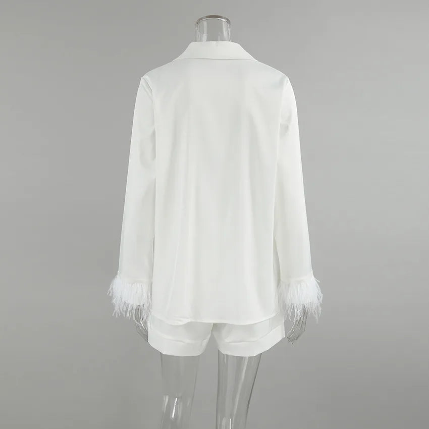 Mozuleva Women's Long Sleeved Lace Up Casual Shirt Pajamas Set Feather Sleeves Shorts Home Clothing Autumn Fashion 2-piece Set